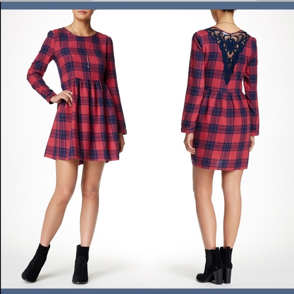 NWT $30 Wild Pearl‎ Plaid Tunic Dress in Navy indigo/Pink [SZ Medium ] #3239 - Picture 1 of 11